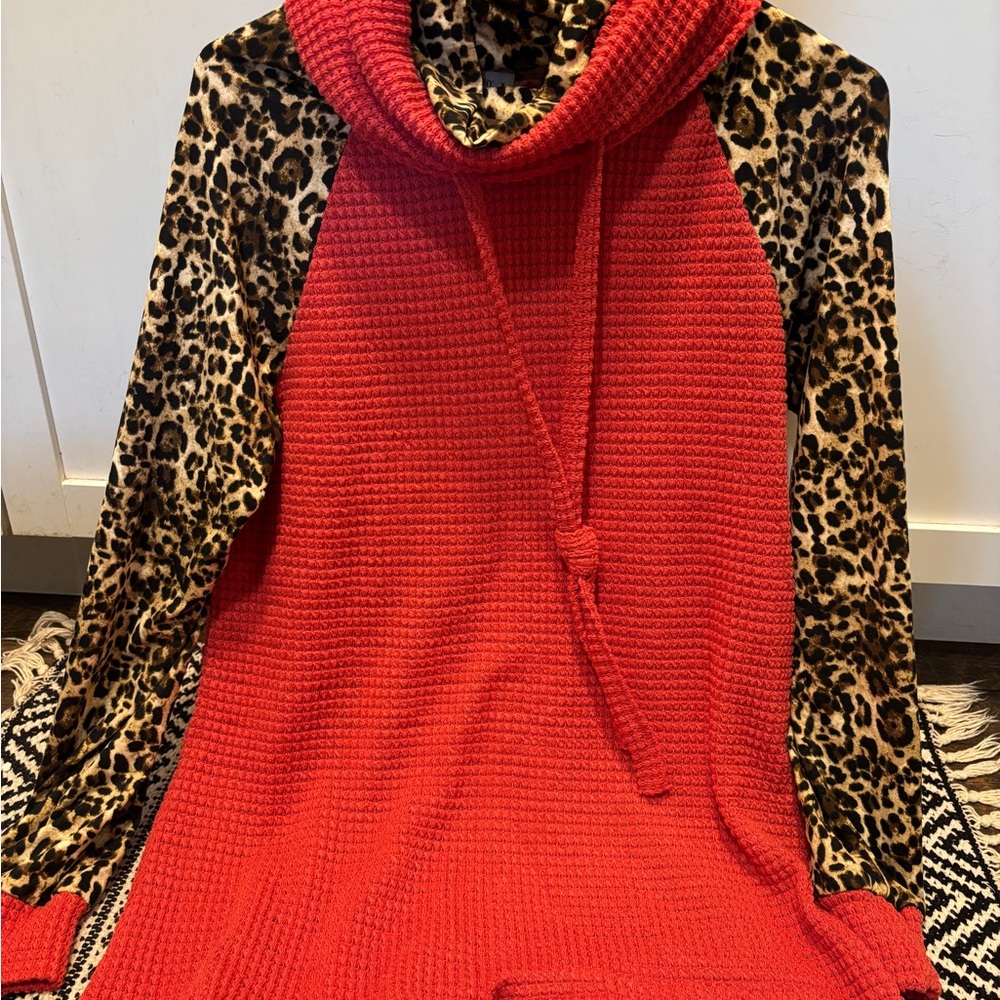 Chic Red Cowl Neck Sweater with Leopard Print Sleeves